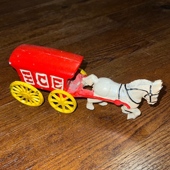 Other - Vintage Cast Iron Red & Yellow Horse Drawn Wagon Figurine/ Decor Moving Wheels